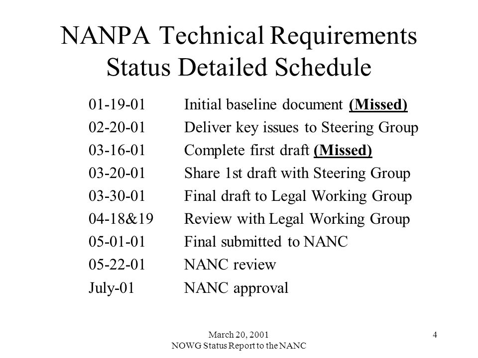 March 20, 2001 NOWG Status Report to the NANC 4 NANPA Technical Requirements Status Detailed Schedule Initial baseline document (Missed) Deliver key issues to Steering Group Complete first draft (Missed) Share 1st draft with Steering Group Final draft to Legal Working Group 04-18&19Review with Legal Working Group Final submitted to NANC NANC review July-01NANC approval
