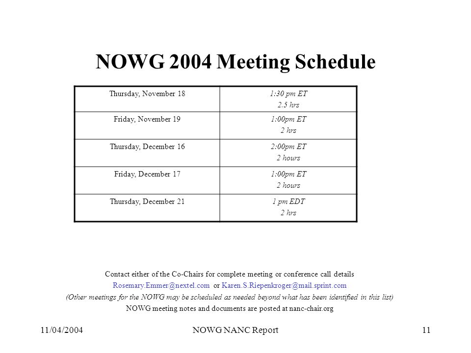 11/04/2004NOWG NANC Report11 NOWG 2004 Meeting Schedule Contact either of the Co-Chairs for complete meeting or conference call details or (Other meetings for the NOWG may be scheduled as needed beyond what has been identified in this list) NOWG meeting notes and documents are posted at nanc-chair.org Thursday, November 181:30 pm ET 2.5 hrs Friday, November 191:00pm ET 2 hrs Thursday, December 162:00pm ET 2 hours Friday, December 171:00pm ET 2 hours Thursday, December 211 pm EDT 2 hrs
