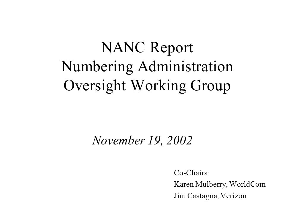 NANC Report Numbering Administration Oversight Working Group November 19, 2002 Co-Chairs: Karen Mulberry, WorldCom Jim Castagna, Verizon