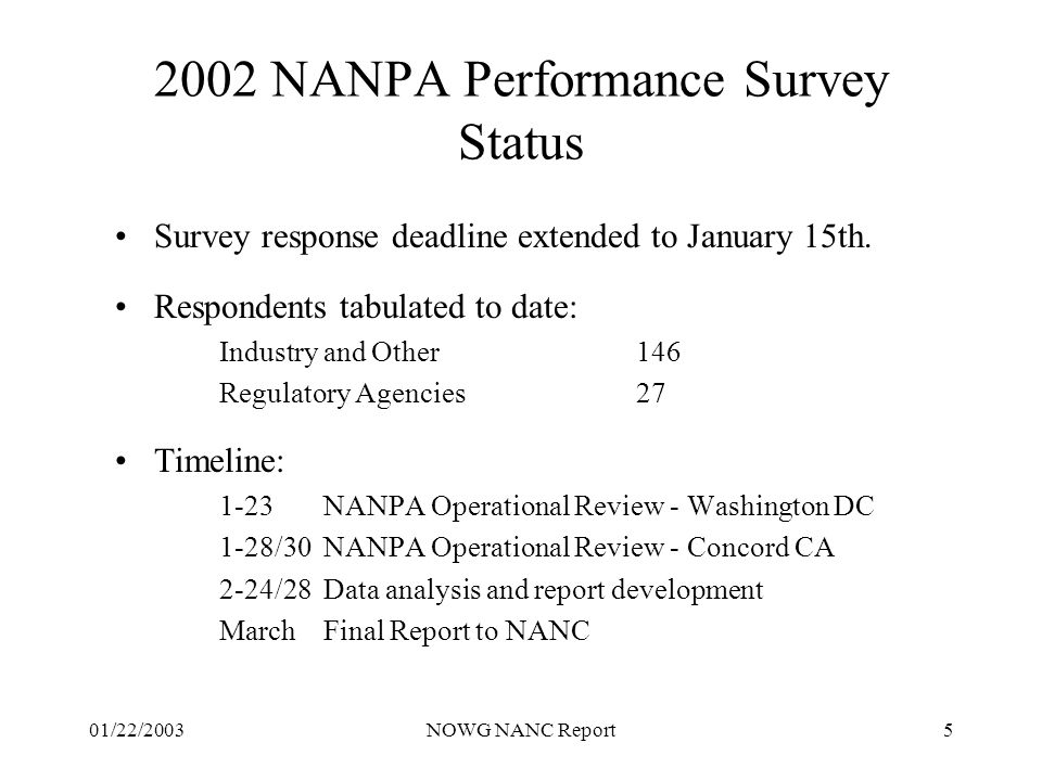 01/22/2003NOWG NANC Report NANPA Performance Survey Status Survey response deadline extended to January 15th.