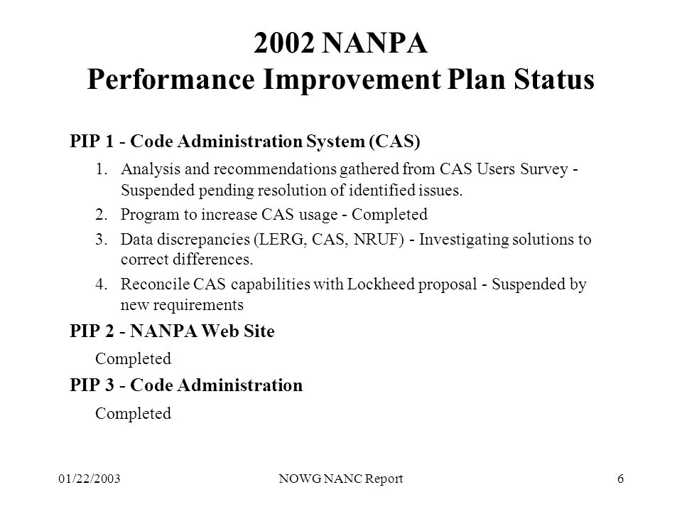 01/22/2003NOWG NANC Report NANPA Performance Improvement Plan Status PIP 1 - Code Administration System (CAS) 1.