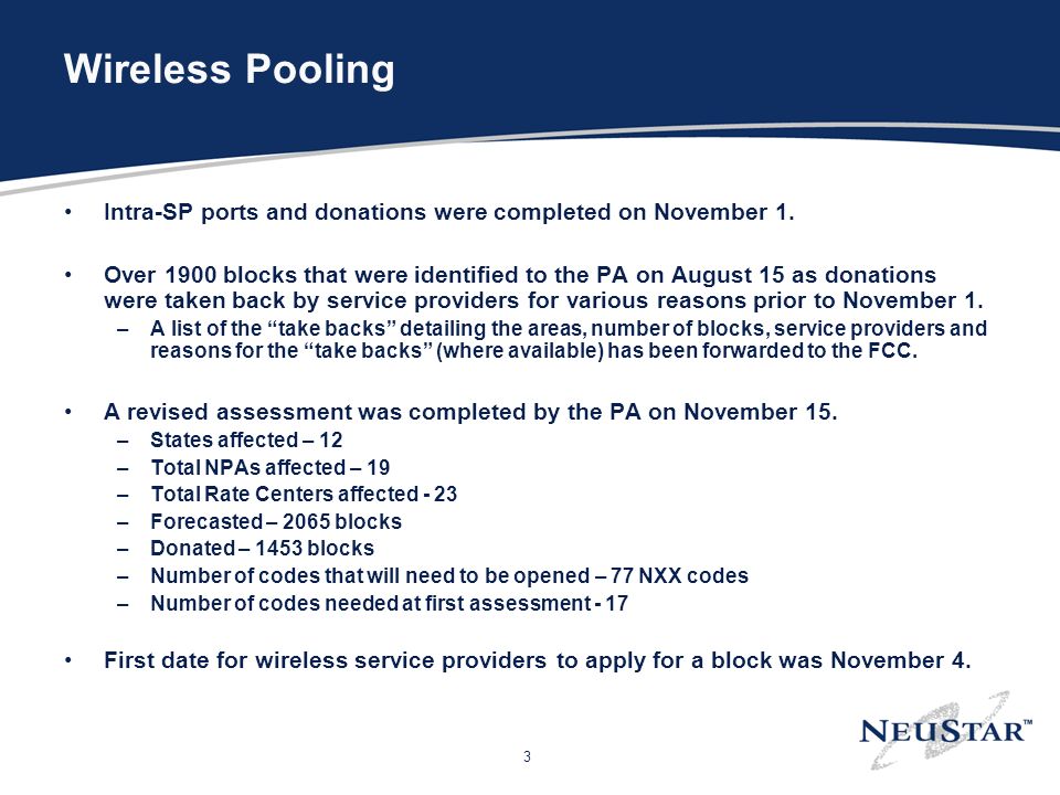 3 Wireless Pooling Intra-SP ports and donations were completed on November 1.