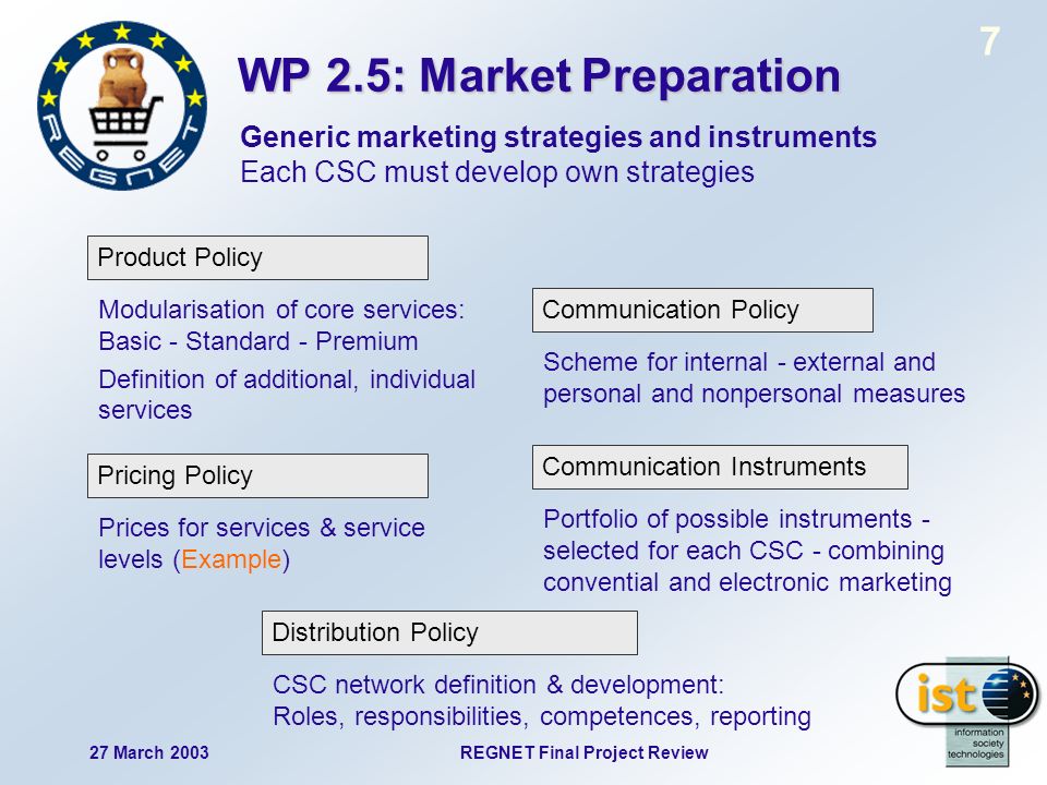 27 March 2003REGNET Final Project Review 7 WP 2.5: Market Preparation Generic marketing strategies and instruments Each CSC must develop own strategies Modularisation of core services: Basic - Standard - Premium Definition of additional, individual services Product Policy Prices for services & service levels (Example) Pricing Policy Scheme for internal - external and personal and nonpersonal measures Communication Policy Portfolio of possible instruments - selected for each CSC - combining convential and electronic marketing Communication Instruments CSC network definition & development: Roles, responsibilities, competences, reporting Distribution Policy