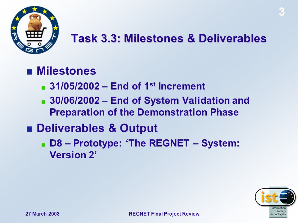 27 March 2003REGNET Final Project Review 3 Task 3.3: Milestones & Deliverables Milestones 31/05/2002 – End of 1 st Increment 30/06/2002 – End of System Validation and Preparation of the Demonstration Phase Deliverables & Output D8 – Prototype: The REGNET – System: Version 2