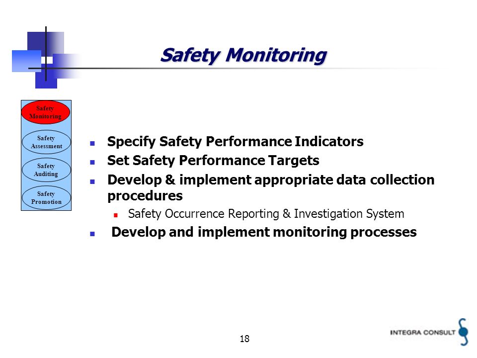 18 Safety Monitoring Specify Safety Performance Indicators Set Safety Performance Targets Develop & implement appropriate data collection procedures Safety Occurrence Reporting & Investigation System Develop and implement monitoring processes Safety Monitoring Safety Assessment Safety Auditing Safety Promotion