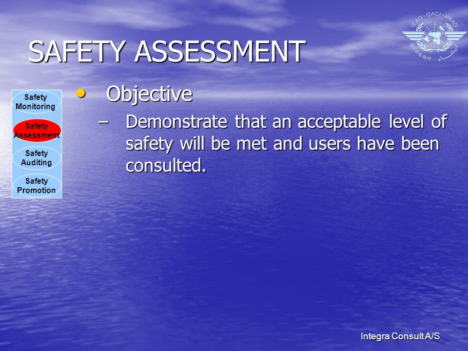 Integra Consult A/S SAFETY ASSESSMENT Objective Objective –Demonstrate that an acceptable level of safety will be met and users have been consulted.