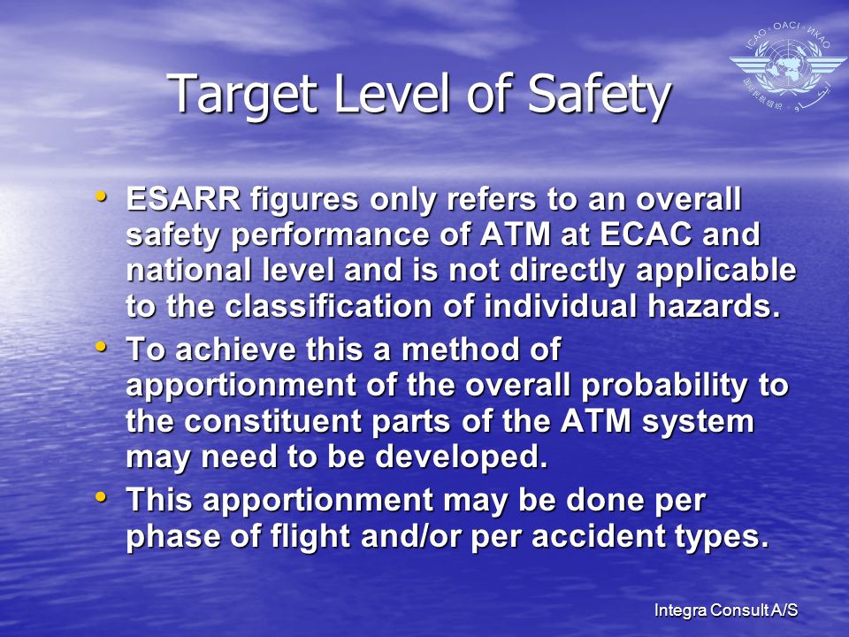 Integra Consult A/S Target Level of Safety ESARR figures only refers to an overall safety performance of ATM at ECAC and national level and is not directly applicable to the classification of individual hazards.