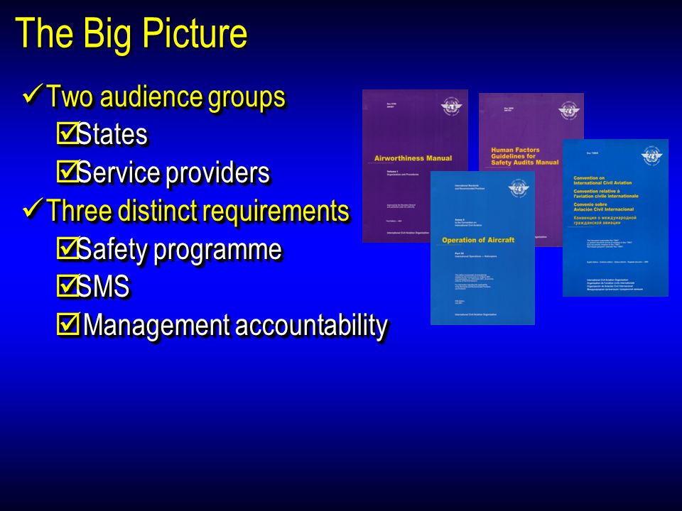 The Big Picture Two audience groups Two audience groups States States Service providers Service providers Three distinct requirements Three distinct requirements Safety programme Safety programme SMS SMS Management accountability Management accountability Two audience groups Two audience groups States States Service providers Service providers Three distinct requirements Three distinct requirements Safety programme Safety programme SMS SMS Management accountability Management accountability