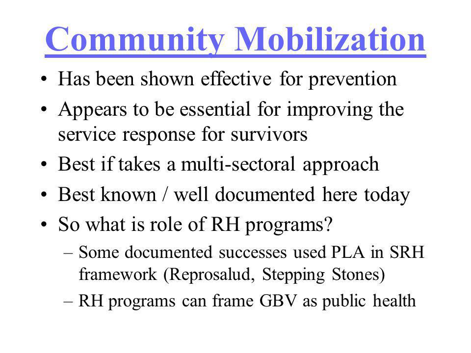 Community Mobilization Has been shown effective for prevention Appears to be essential for improving the service response for survivors Best if takes a multi-sectoral approach Best known / well documented here today So what is role of RH programs.