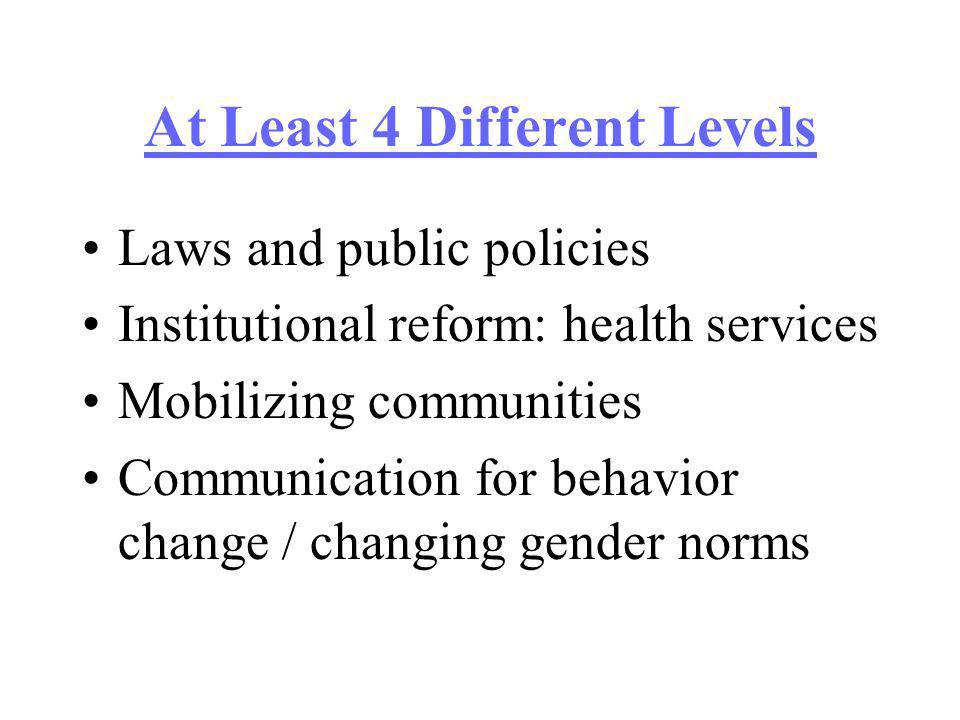 At Least 4 Different Levels Laws and public policies Institutional reform: health services Mobilizing communities Communication for behavior change / changing gender norms