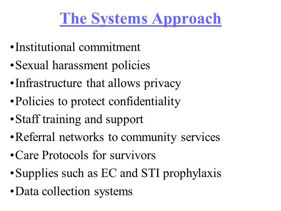 The Systems Approach Institutional commitment Sexual harassment policies Infrastructure that allows privacy Policies to protect confidentiality Staff training and support Referral networks to community services Care Protocols for survivors Supplies such as EC and STI prophylaxis Data collection systems