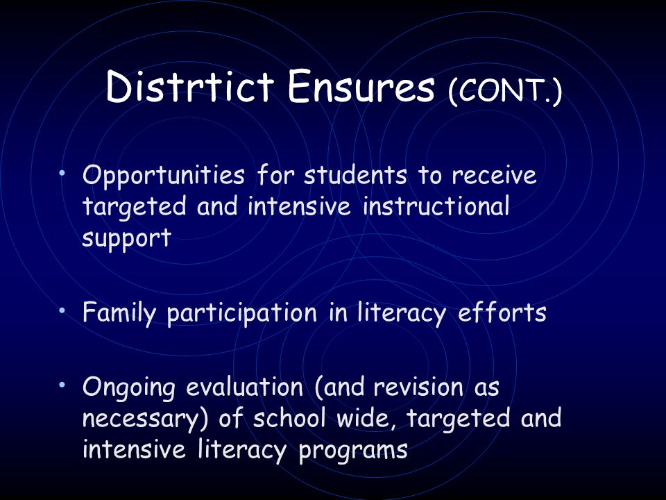 Distrtict Ensures (CONT.) Opportunities for students to receive targeted and intensive instructional support Family participation in literacy efforts Ongoing evaluation (and revision as necessary) of school wide, targeted and intensive literacy programs