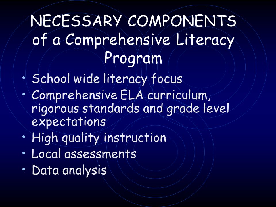 NECESSARY COMPONENTS of a Comprehensive Literacy Program School wide literacy focus Comprehensive ELA curriculum, rigorous standards and grade level expectations High quality instruction Local assessments Data analysis