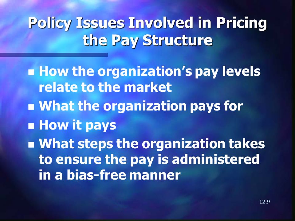 12.9 Policy Issues Involved in Pricing the Pay Structure n n How the organizations pay levels relate to the market n n What the organization pays for n n How it pays n n What steps the organization takes to ensure the pay is administered in a bias-free manner