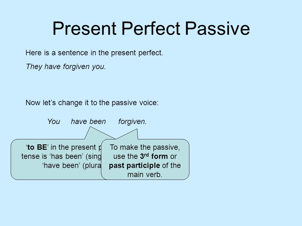 Present Perfect Passive You Here is a sentence in the present perfect.