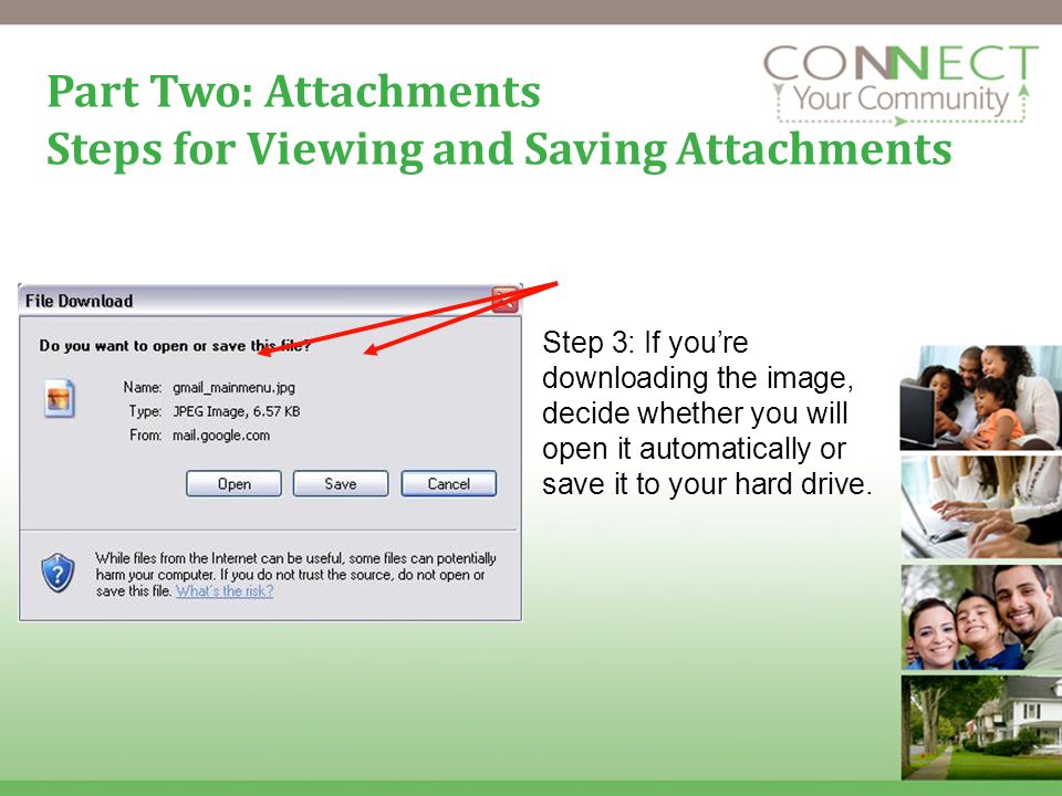 14 Part Two: Attachments Steps for Viewing and Saving Attachments Step 3: If youre downloading the image, decide whether you will open it automatically or save it to your hard drive.