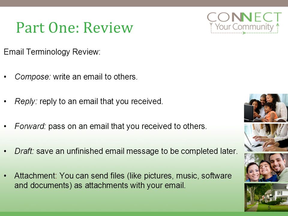 5 Part One: Review  Terminology Review: Compose: write an  to others.