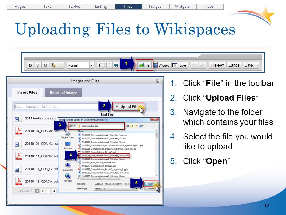 Uploading Files to Wikispaces 13 1.Click File in the toolbar 2.Click Upload Files 3.Navigate to the folder which contains your files 4.Select the file you would like to upload 5.Click Open Pages TextTablesLinkingFilesImagesWidgetsTabs