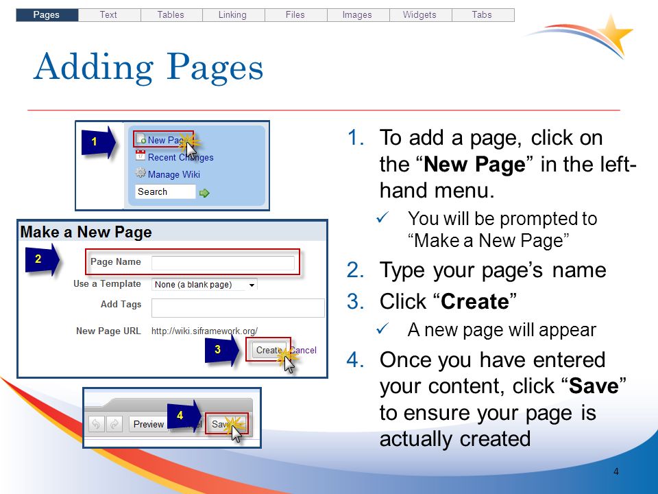 Adding Pages 1.To add a page, click on the New Page in the left- hand menu.