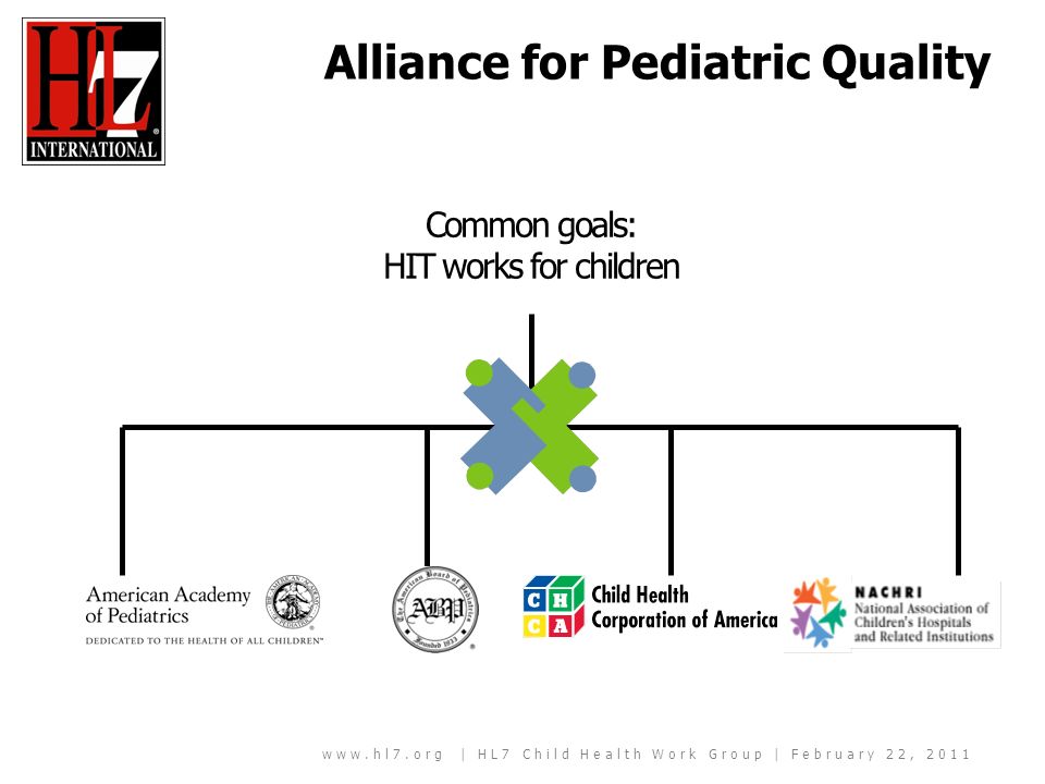 | HL7 Child Health Work Group | February 22, 2011 Alliance for Pediatric Quality Common goals: HIT works for children