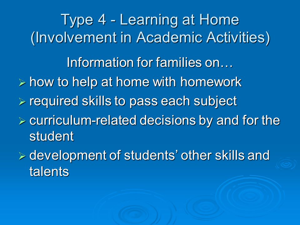Type 4 - Learning at Home (Involvement in Academic Activities) Information for families on… how to help at home with homework how to help at home with homework required skills to pass each subject required skills to pass each subject curriculum-related decisions by and for the student curriculum-related decisions by and for the student development of students other skills and talents development of students other skills and talents