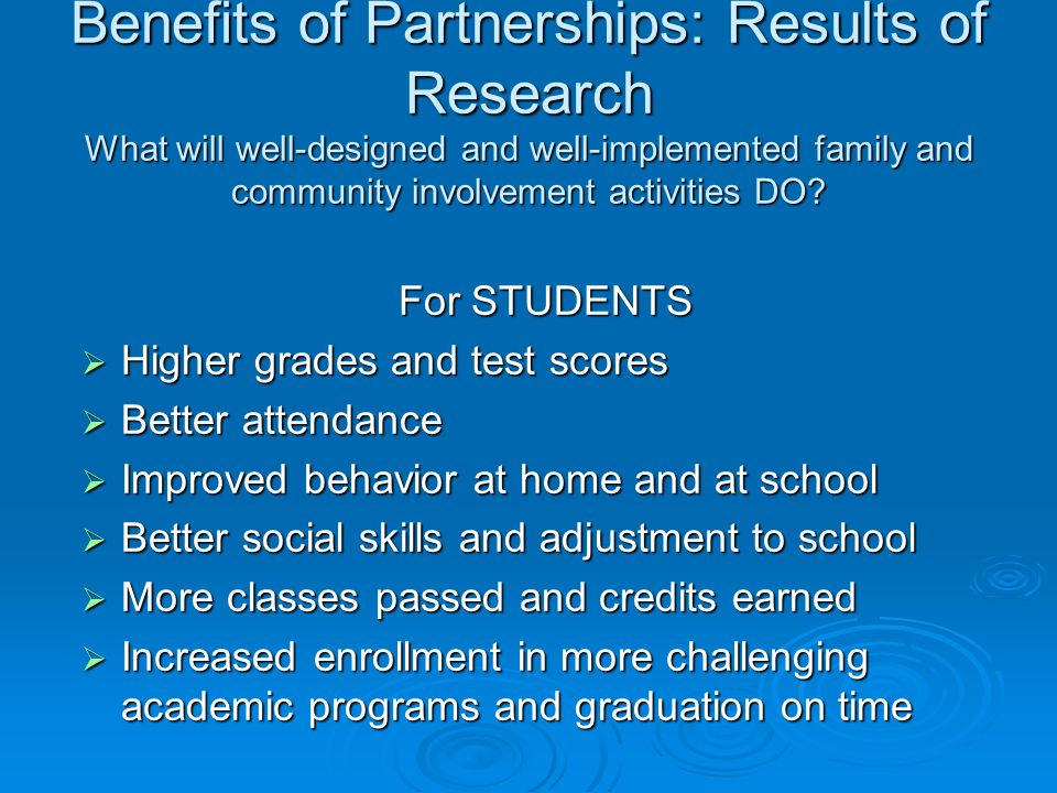 Benefits of Partnerships: Results of Research What will well-designed and well-implemented family and community involvement activities DO.