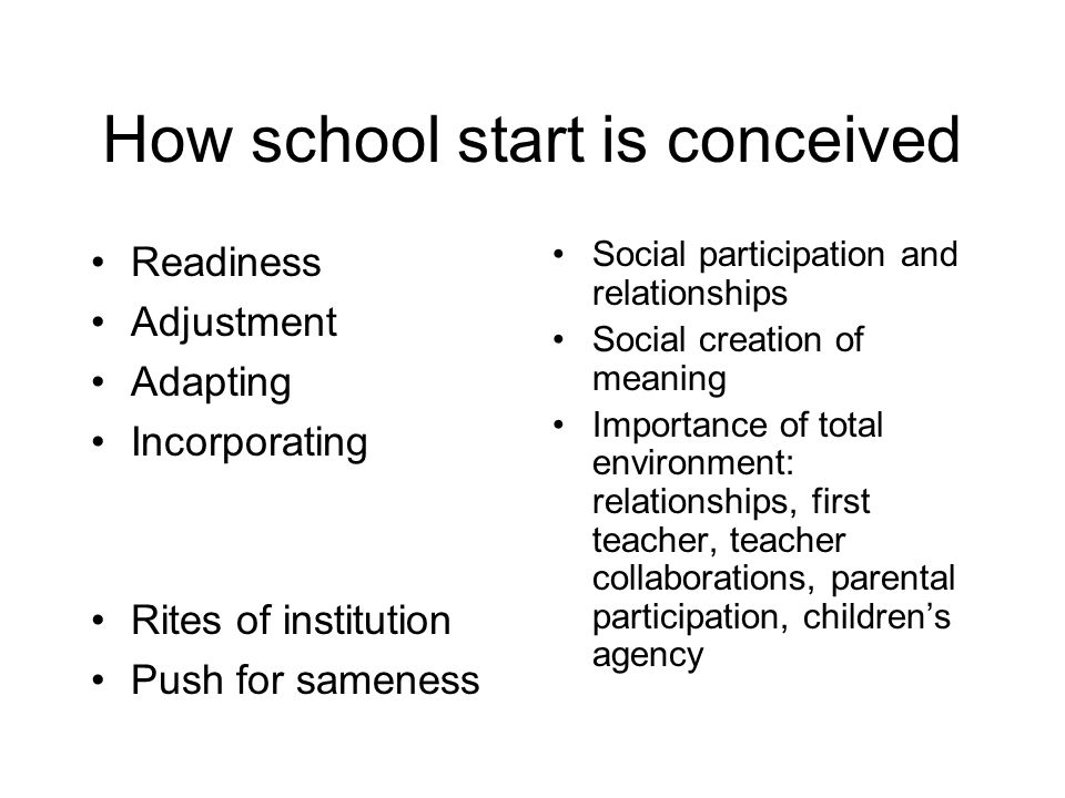 How school start is conceived Readiness Adjustment Adapting Incorporating Rites of institution Push for sameness Social participation and relationships Social creation of meaning Importance of total environment: relationships, first teacher, teacher collaborations, parental participation, childrens agency