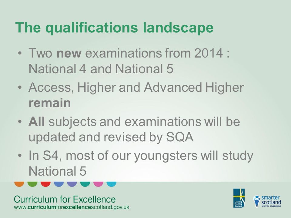 The qualifications landscape Two new examinations from 2014 : National 4 and National 5 Access, Higher and Advanced Higher remain All subjects and examinations will be updated and revised by SQA In S4, most of our youngsters will study National 5