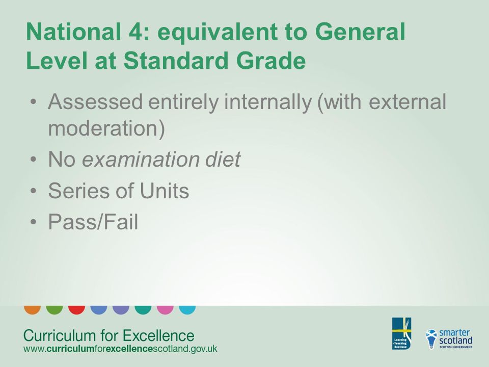 National 4: equivalent to General Level at Standard Grade Assessed entirely internally (with external moderation) No examination diet Series of Units Pass/Fail