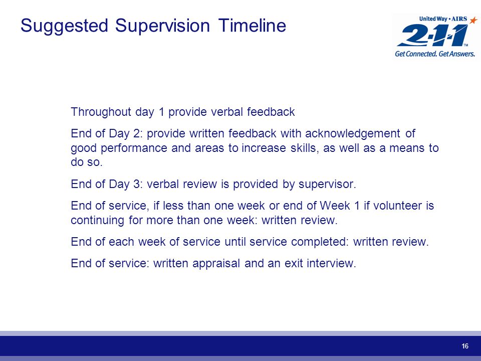 16 Suggested Supervision Timeline Throughout day 1 provide verbal feedback End of Day 2: provide written feedback with acknowledgement of good performance and areas to increase skills, as well as a means to do so.