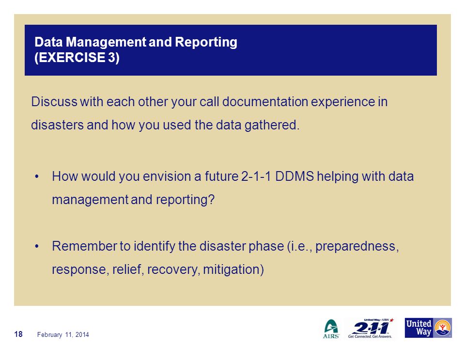 Data Management and Reporting (EXERCISE 3) February 11, Discuss with each other your call documentation experience in disasters and how you used the data gathered.