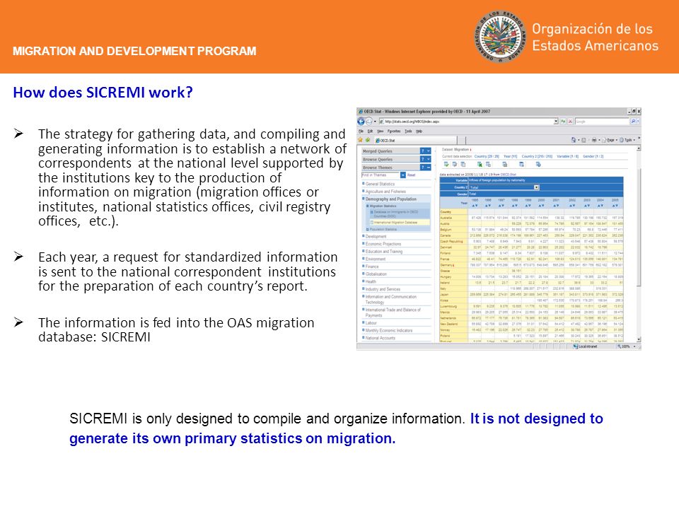 The strategy for gathering data, and compiling and generating information is to establish a network of correspondents at the national level supported by the institutions key to the production of information on migration (migration offices or institutes, national statistics offices, civil registry offices, etc.).