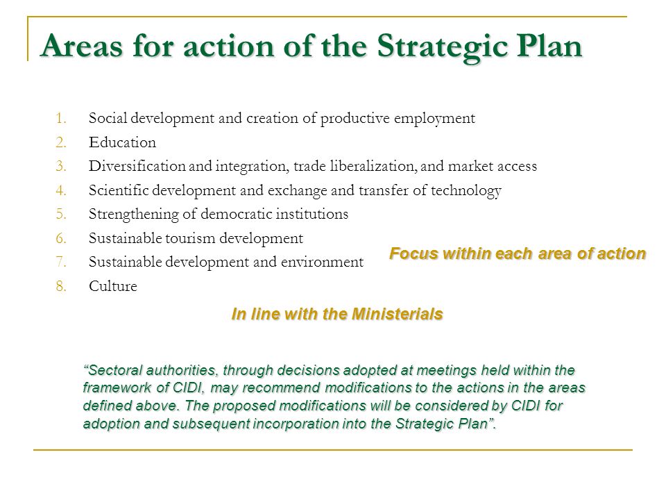 Areas for action of the Strategic Plan 1.Social development and creation of productive employment 2.Education 3.Diversification and integration, trade liberalization, and market access 4.Scientific development and exchange and transfer of technology 5.Strengthening of democratic institutions 6.Sustainable tourism development 7.Sustainable development and environment 8.Culture Focus within each area of action In line with the Ministerials Sectoral authorities, through decisions adopted at meetings held within the framework of CIDI, may recommend modifications to the actions in the areas defined above.
