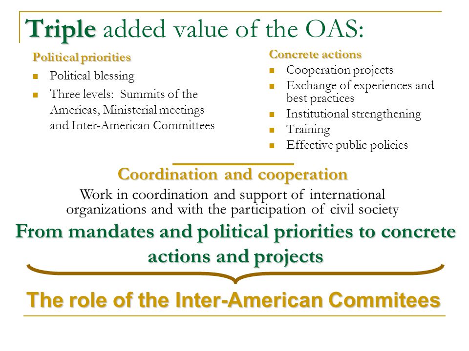 Triple Triple added value of the OAS: Political priorities Political blessing Three levels: Summits of the Americas, Ministerial meetings and Inter-American Committees Concrete actions Cooperation projects Exchange of experiences and best practices Institutional strengthening Training Effective public policies From mandates and political priorities to concrete actions and projects Coordination and cooperation Work in coordination and support of international organizations and with the participation of civil society The role of the Inter-American Commitees