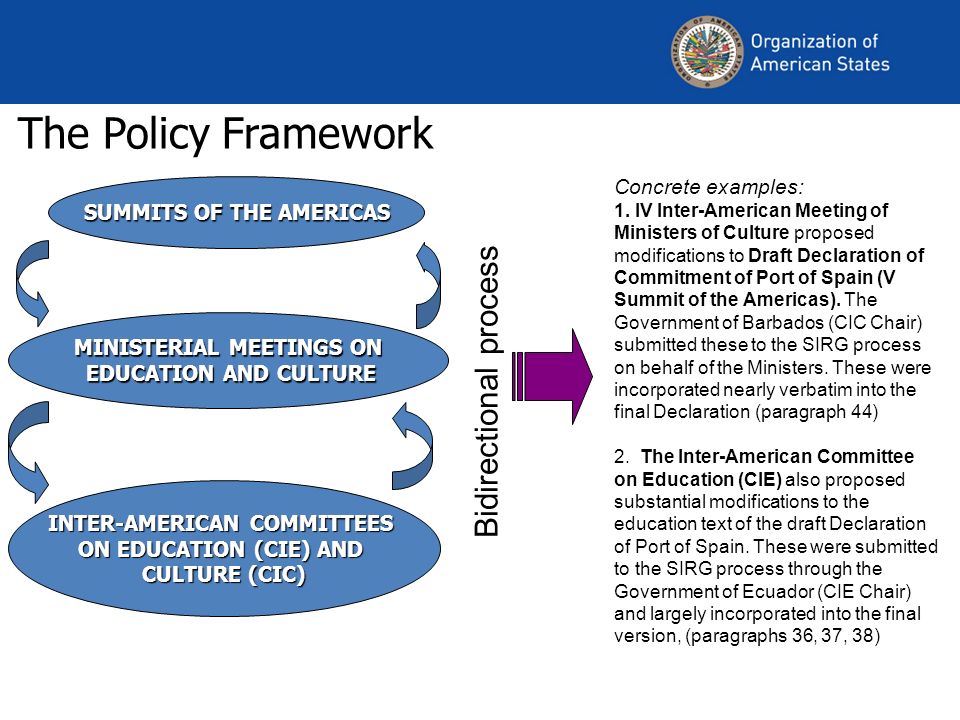 The Policy Framework SUMMITS OF THE AMERICAS MINISTERIAL MEETINGS ON EDUCATION AND CULTURE EDUCATION AND CULTURE INTER-AMERICAN COMMITTEES ON EDUCATION (CIE) AND CULTURE (CIC) Bidirectional process Concrete examples: 1.