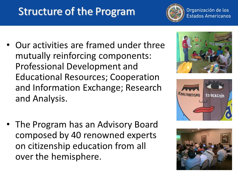 Structure of the Program Our activities are framed under three mutually reinforcing components: Professional Development and Educational Resources; Cooperation and Information Exchange; Research and Analysis.