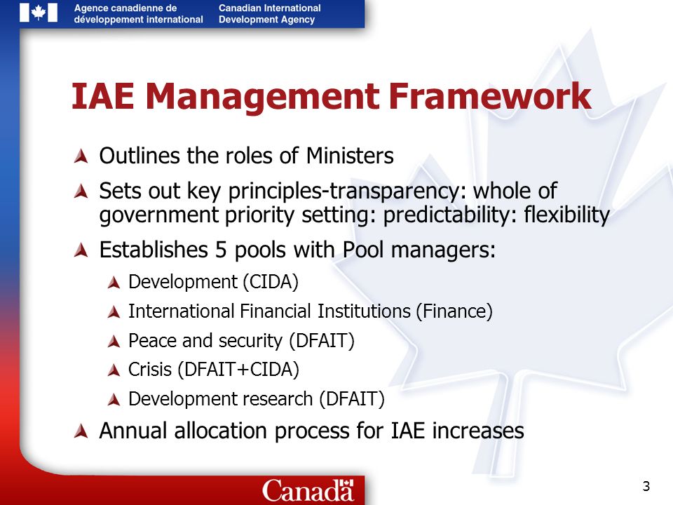 3 IAE Management Framework Outlines the roles of Ministers Sets out key principles-transparency: whole of government priority setting: predictability: flexibility Establishes 5 pools with Pool managers: Development (CIDA) International Financial Institutions (Finance) Peace and security (DFAIT) Crisis (DFAIT+CIDA) Development research (DFAIT) Annual allocation process for IAE increases