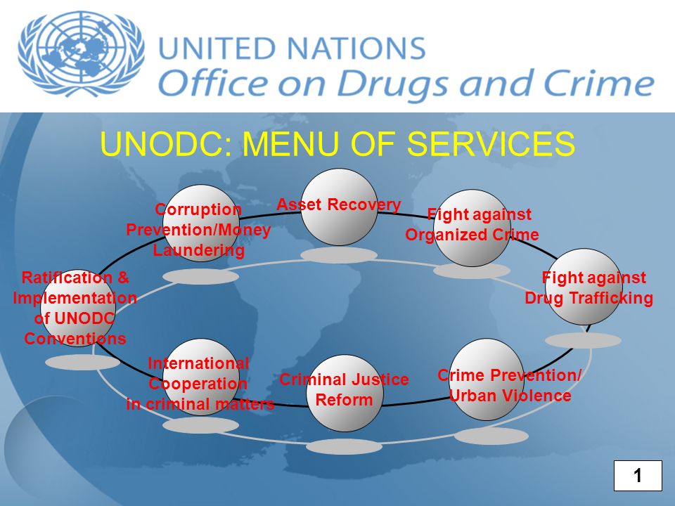UNODC: MENU OF SERVICES Ratification & Implementation of UNODC Conventions International Cooperation in criminal matters Asset Recovery Fight against Organized Crime Corruption Prevention/Money Laundering Criminal Justice Reform Fight against Drug Trafficking Crime Prevention/ Urban Violence 1