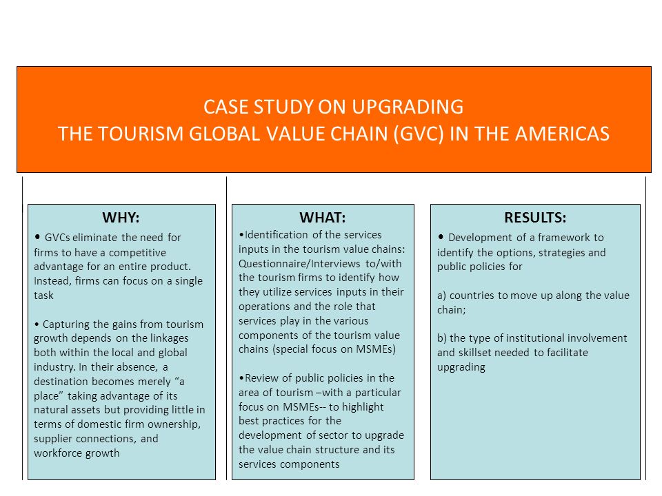 CASE STUDY ON UPGRADING THE TOURISM GLOBAL VALUE CHAIN (GVC) IN THE AMERICAS WHY: GVCs eliminate the need for firms to have a competitive advantage for an entire product.