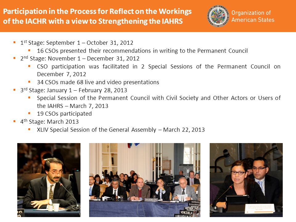 Participation in the Process for Reflect on the Workings of the IACHR with a view to Strengthening the IAHRS 1 st Stage: September 1 – October 31, CSOs presented their recommendations in writing to the Permanent Council 2 nd Stage: November 1 – December 31, 2012 CSO participation was facilitated in 2 Special Sessions of the Permanent Council on December 7, CSOs made 68 live and video presentations 3 rd Stage: January 1 – February 28, 2013 Special Session of the Permanent Council with Civil Society and Other Actors or Users of the IAHRS – March 7, CSOs participated 4 th Stage: March 2013 XLIV Special Session of the General Assembly – March 22, 2013
