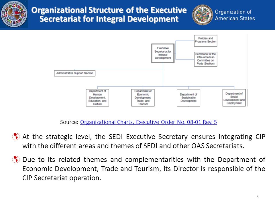 3 Organizational Structure of the Executive Secretariat for Integral Development At the strategic level, the SEDI Executive Secretary ensures integrating CIP with the different areas and themes of SEDI and other OAS Secretariats.