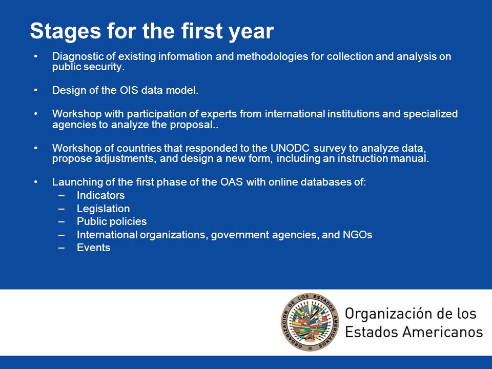 Stages for the first year Diagnostic of existing information and methodologies for collection and analysis on public security.