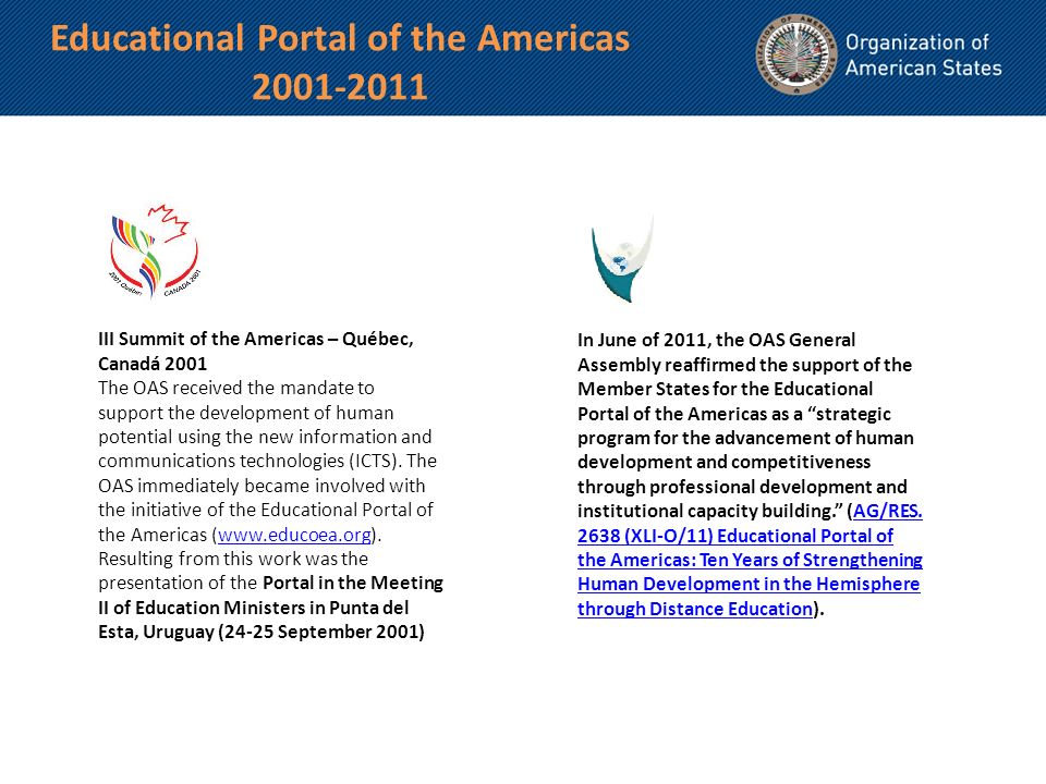 III Summit of the Americas – Québec, Canadá 2001 The OAS received the mandate to support the development of human potential using the new information and communications technologies (ICTS).