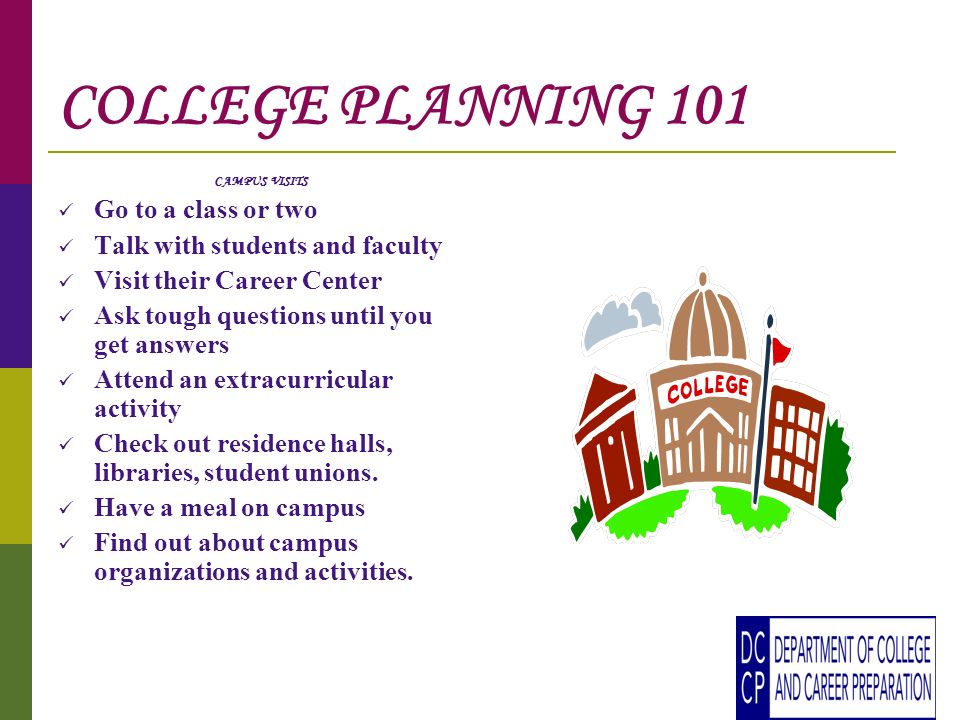 COLLEGE PLANNING 101 CAMPUS VISITS Go to a class or two Talk with students and faculty Visit their Career Center Ask tough questions until you get answers Attend an extracurricular activity Check out residence halls, libraries, student unions.