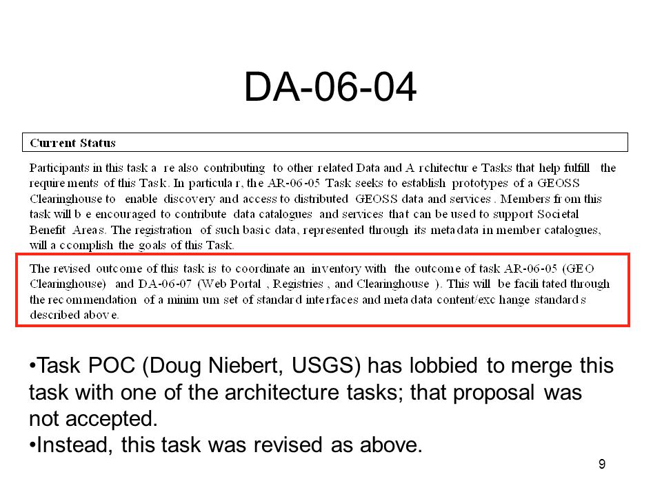 9 Task POC (Doug Niebert, USGS) has lobbied to merge this task with one of the architecture tasks; that proposal was not accepted.