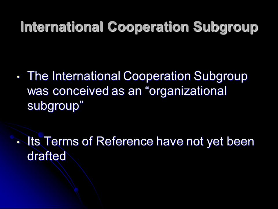 International Cooperation Subgroup The International Cooperation Subgroup was conceived as an organizational subgroup The International Cooperation Subgroup was conceived as an organizational subgroup Its Terms of Reference have not yet been drafted Its Terms of Reference have not yet been drafted