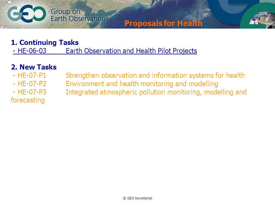 © GEO Secretariat Proposals for Health 1.