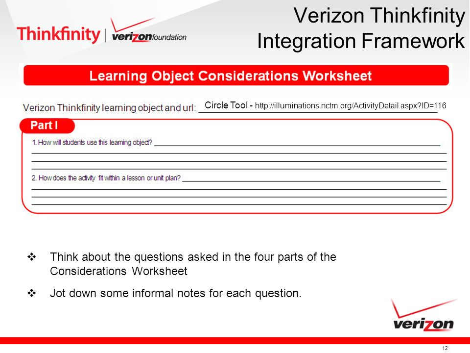 12 Verizon Thinkfinity Integration Framework Think about the questions asked in the four parts of the Considerations Worksheet Jot down some informal notes for each question.