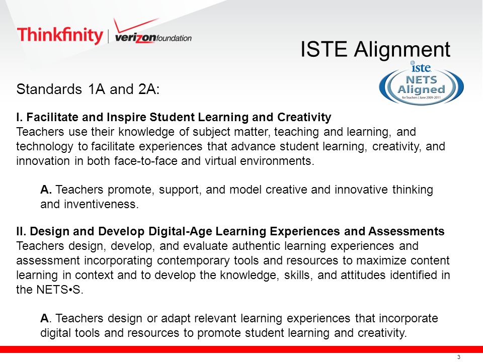 3 ISTE Alignment Standards 1A and 2A: I.