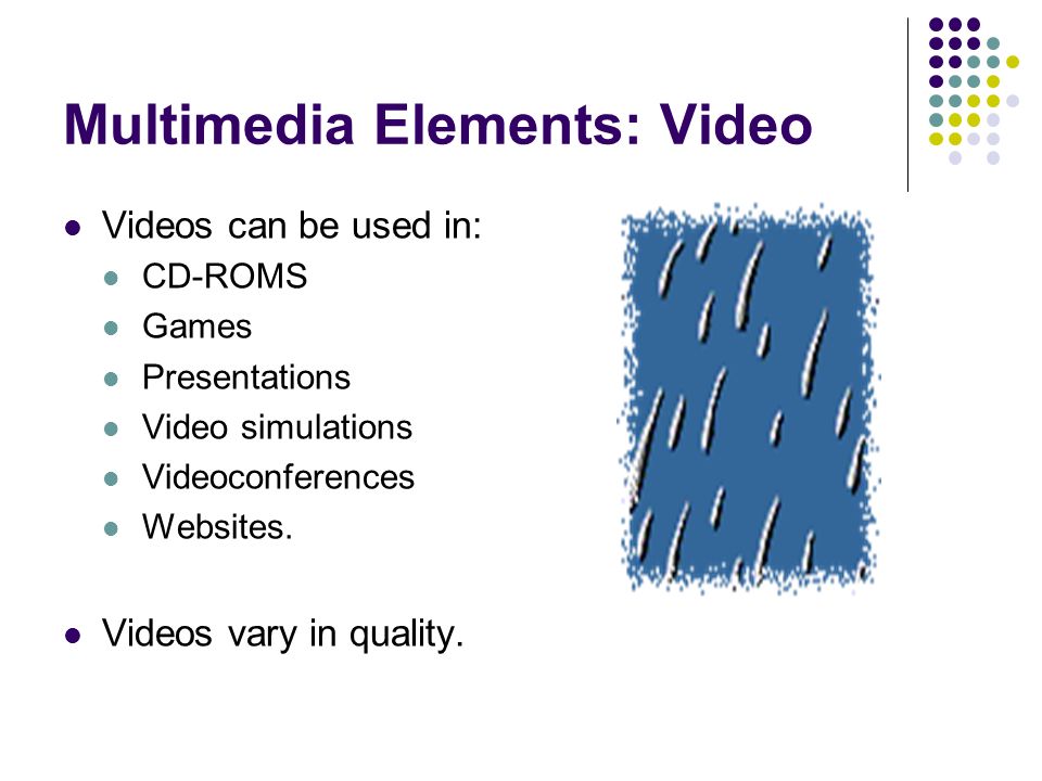 Multimedia Elements: Video Videos can be used in: CD-ROMS Games Presentations Video simulations Videoconferences Websites.
